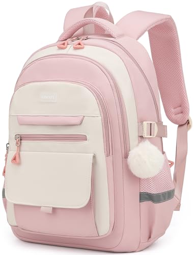 Image of School Backpack for Teen Girls, Large Capacity Laptop Bag for High School Middle School Elementary, Aesthetic Bookbag College Women, Beige Pink