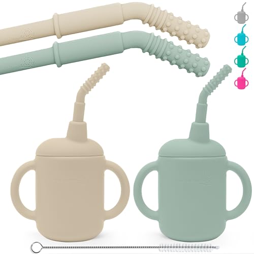 Image of Straw Cup for 6 Month Old, Includes Custom Teething Straw to Soothe Gums and Teeth with Straw Stopper to Prevent Pull-Out. Soft and Durable, 100% Silicone Baby Cups 6-12 Months (2-Pack)