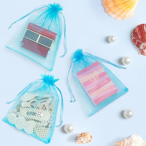 Image of ANZNKU 50 Pack Lake Blue Organza Bags 5x7 Inch, Mesh Bag Drawstring for Jewelry Crafts Party Favors, Small Mesh Gift Bags for Baby Shower, Easter Gifts, Wedding Party
