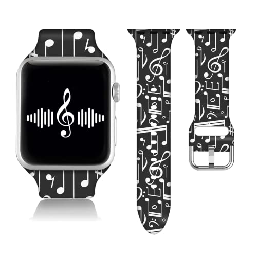 Compatible With Music Notes Apple Watch 38/40/41/42/44/45mm For Women Men,Soft Silicone Printed Replacement Wristband Band For Iwatch Series 7 6 5 4 3 2 1 SE.42mm/44mm/45mm