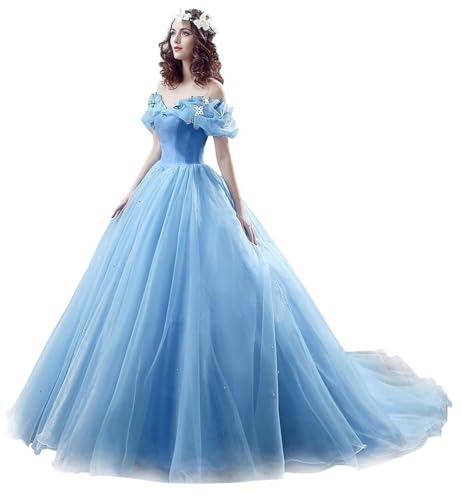 Kncpti Women's Off Shoulder Quinceanera Ball Gowns Masquerade Princess Long Prom Formal Evening Party Dress Blue 6