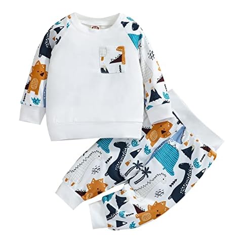 Tearfuty Baby Boy 2Pc Clothes Set Dinosaur Print Tops + Casual Pants Outfits White (6-9 Months) Cover