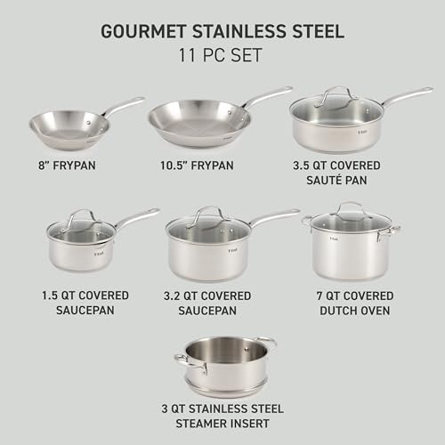 T-fal Stainless Steel Cookware Set, 11 Piece, Induction Cookware, Oven Safe to 500°F, Kitchen Cooking Set w/Fry Pans, Pots and Pans, Dutch Oven, Saucepans, Kitchen Essentials, Silver