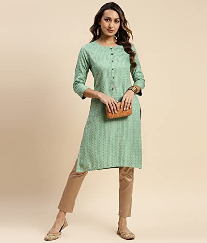 Image of rangita Mint Green Rayon Knee Length Striped Straight Kurti for Women | Kurta for Women
