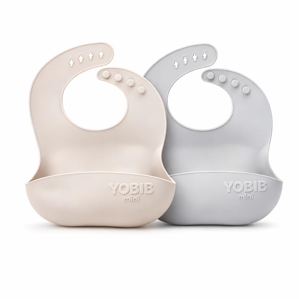 YOBIB 2 Pack Thick Silicone Baby Bibs for Babies & Toddlers (6-72 Months)| Waterproof Baby Feeding Bibs Adjustable with Wide Food Catcher Pocket, Soft, Unisex, Non Messy, Beige/Grey