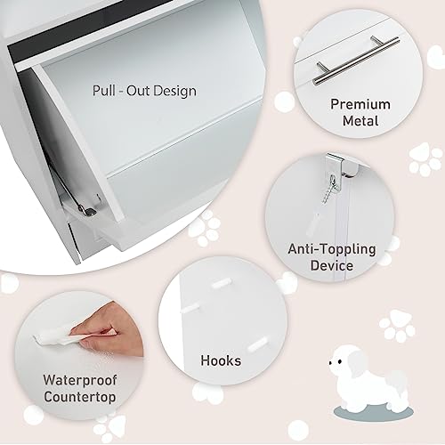 Happaws Dog Feeding Station Dog Food Storage Cabinet With 2 Raised Dog Bowls, Dog Food Storage Container, Pull Out Elevated Dog Bowls For Water And Feeding Supplies, Pet Toy Storage Organizer,White #TOP5