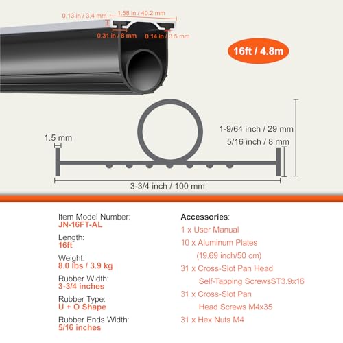 VEVOR Garage Door Seals Bottom Rubber, U Shape +O Ring Combination Garage Door Weather Stripping with Pre-drilled Aluminum Track Retainer Kit, 5/16 inch T-Ends and 3 3/4 inch Width (16 Ft, Black) by VEVOR - Image 7