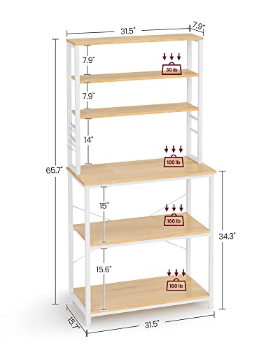 Vasagle Coffee Bar, Baker’s Rack For Kitchen With Storage, 6-Tier Kitchen Shelves With 6 Hooks, Microwave Stand, Industrial, 15.7 X 31.5 X 65.7 Inches, Oak Colour And White Ukks019W09 #TOP2