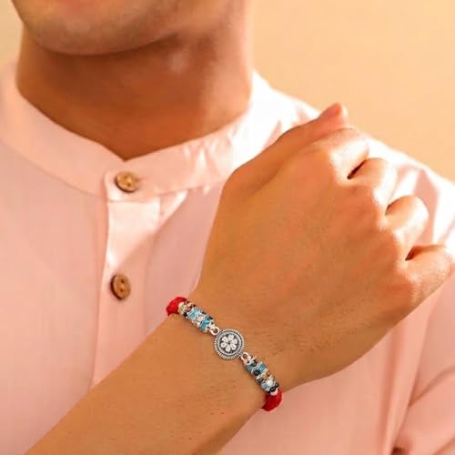 Image of Peora Rakhshabandhan Thread Rakhi for Brother Bhaiya | Kundan Beads & Crystal Studded | Combo Set of 2 | Rakhi Hamper Roli Chawal & Greeting Card