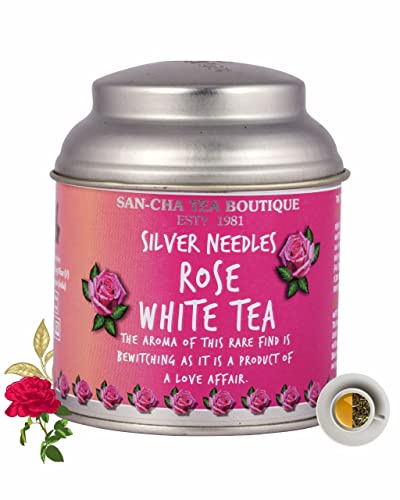 Image of Sancha Tea Boutique Rose White Tea (25X3 Cups), Pure Tea Buds blended with real Rose Petals, Worlds Healthiest Tea, Silver Needles White Tea