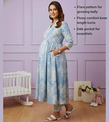 Image of DUMMY SHAPE Maternity Dresses for Women Cotton Blend | Floral Kurta Pant Dupatta Set with Nursing Zippers to Pre & Post Partum | Feeding Kurtis | Mom to Be Gifts for Pregnant Woman
