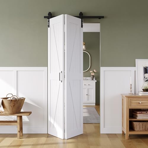 40" x 84" Bifold Sliding Barn Door, K Shaped Panel with Sliding Hardware Kit Set, Finished Closet Door Slab, 3.67FT Track for 2 Doors, MDF, White 40" x 84" White