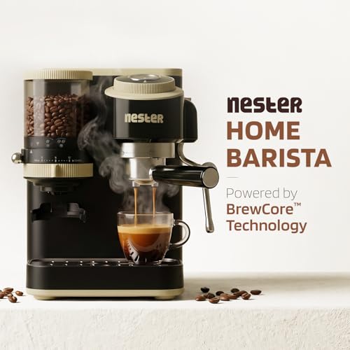 Image of NESTER Home Barista Coffee Machine - 20 Bar Italian Ulka Pressure Pump, Built-in Grinder, BrewCore Technology, PID Temperature Control, Espresso, Americano, Steam & Pod Compatible - Smoked Caramel