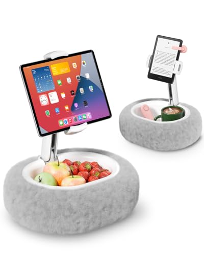 Viozon Kindle Holder, Tablet Pillow Stand, Compatible with 4-11 Tablet/Phone with Snack Bowl, Adjustable, Foldable, Kindle Accessories, Idea for Reading in Bed & Watching Video, Grey