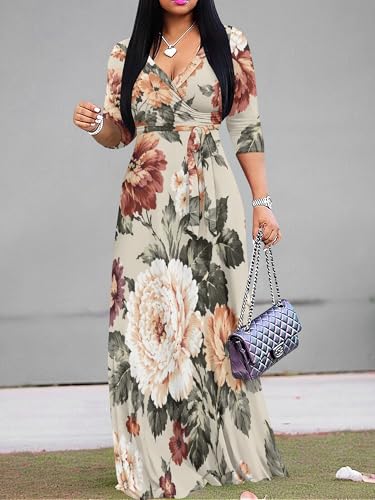 Image of Women Plus Size Long Sleeve V Neck Maxi Dress with Belt | Soft fabric relaxed fit three quarter sleeve v neck with pockets for party and daily wear