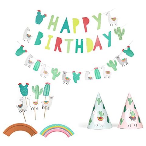 Llama & Cactus - Birthday Party Decoration Kit | Llama Birthday Banner, Llama Garland, Llama Cupcake Toppers, Llama Party Hats | 12 Guest Party Cover
