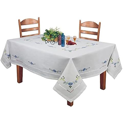 Creative Linens Hemstitched Embroidered Daisy Flower Tablecloth 70x90 Rectangular Table Cover White Blue Spring Summer Table Linen Cover