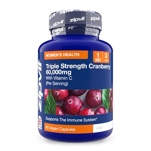 Zipvit Triple Strength Cranberry 60 000mg High Strength Cranberry Extract with Vitamin C 90 Vegan Capsules for Immune Support 1 Month Supply Supplement for Men & Women
