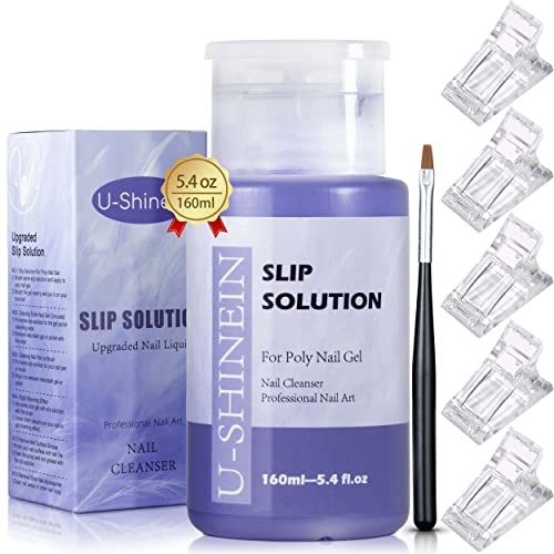 U-Shinein 5.4oz Upgrade Slip Solution Kit, 160ml Poly Nail Gel Slip Solution Anti-stick Polygel Slip Solution Liquid for Extension Polygel Nail Cleanser Soak-off Nail Art with Nail Tips Clips Brush