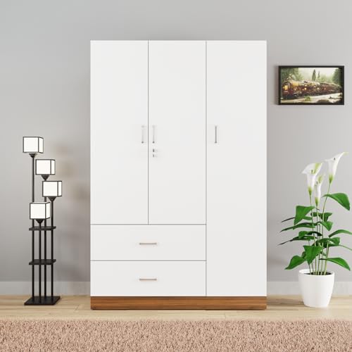 Image of VIKI Wardrobe | Wooden Almirah for Clothes,Door for Bedroom, 3 Door Wardrobe with Drawer & Hanging Space (Walnut & White - 40D x 120W x 180H) | 1 Year Warranty | Free Assembly