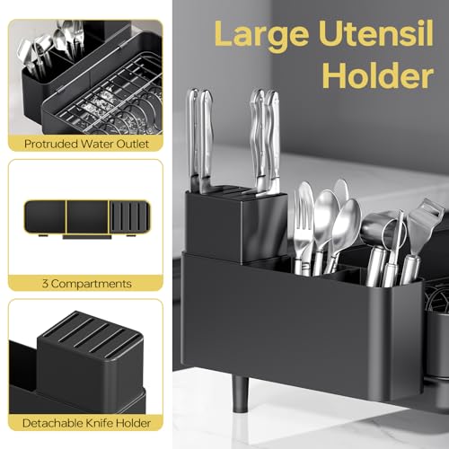 Image of Urackify Dish Drying Rack for Kitchen Counter, 304 Stainless Steel Dish Rack, Expandable Dish Drainer, Foldable Dish Strainer with Cutlery Holder, Kitchen Plate Rack (Black, Large Size)