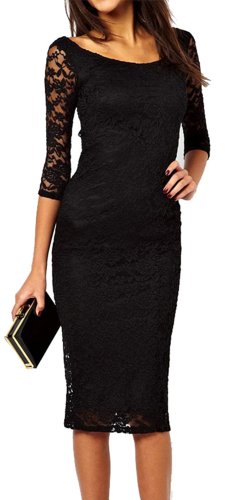 made2envy Boat Neckline 2/3 Sleeves Lace Overlay Evening Midi Dress