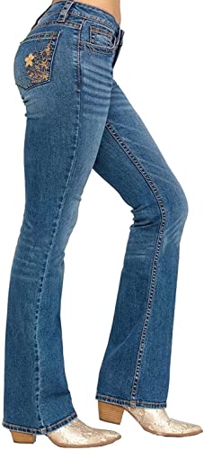 Bootcut Jeans for Women,Stretchy Feather Flower Embroidery Mid Rise Slim Straight Leg Pants Jeans Hazy Blue