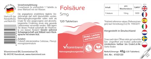 Vitamintrend Folsäure 5mg, 120 Tabletten, schluckfreundlich, 1250µg Folsäure pro Tablette, Vitamin B9, hochdosiert, Nahrungsergänzungsmittel vegan ohne Magnesiumstearat, in Deutschland hergestellt