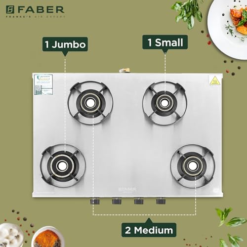 Image of Faber Ember Stainless Steel Cooktop | 4 Brass Burners (Jumbo, 2Medium & Small |Manual Ignition | Diamond-Coated Pan Support |Cooktop Ember 4BB SS CI (4 Burner)