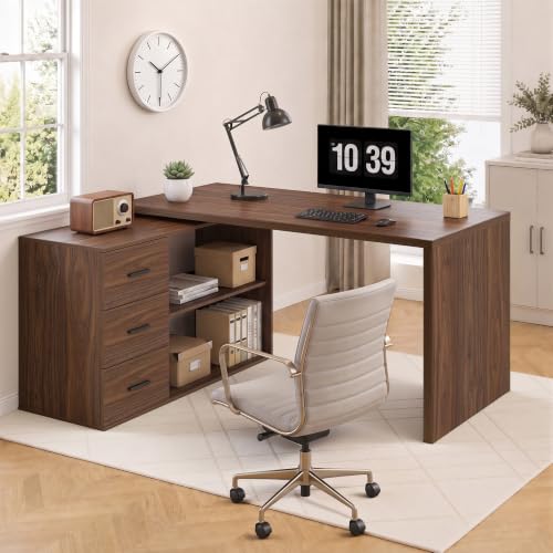 Image of HSH Walnut L Shaped Desk Corner Desk with 3 Storage Drawers 55 inch