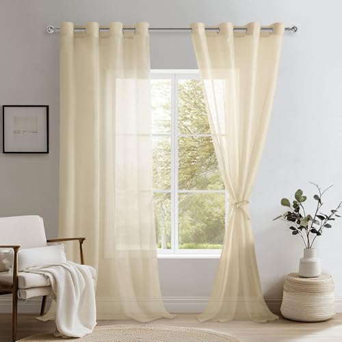 DWCN Lot de 2 Rideaux Voilages à Oeillets pour Fenêtre, Rideau Transparents avec Embrasses pour Salon Chambre d'enfant, Beige, 132x240cm (Largeur x Hauteur)