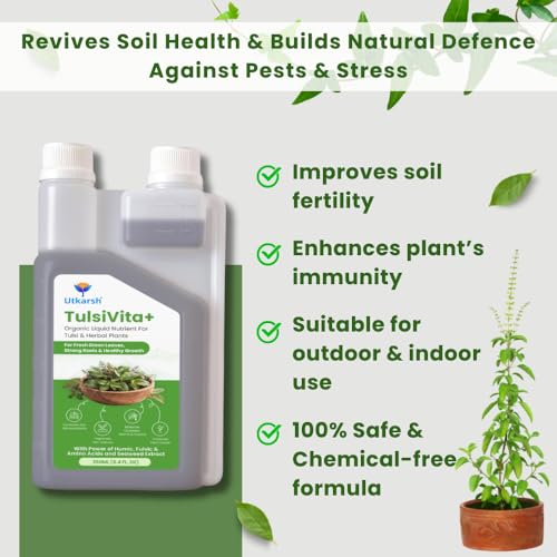 Image of Utkarsh TulsiVita+ - Organic Liquid Potting Mixture for Tulsi Plants, 100 ML | Plant Growth Nutrients & Natural Fertilizer with Humic, Fulvic & Amino Acids & Seaweed for Healthy Growth & Flowering