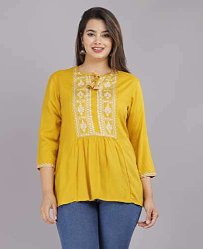 Image of Shiva Fab Short Kurti for Women | Embroidered Straight Rayon Kurta | Round Neck Full Sleeves Short Kurti for Women's