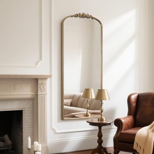 Image of WallBeyond Arched Full Length Mirror Wall Mounted, 21x56 Inch Gold Antique Mirror, Vintage Metal Frame Full Body Mirro for Bedroom, Living Room, Hanging or Leaning