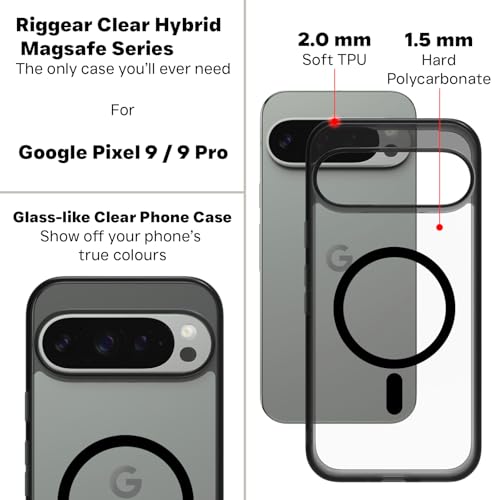 Image of RIGGEAR Shockproof Clear Hybrid Armor Magnetic Back Cover Case Compatible with MagSafe Accessories for Google Pixel 9 / Pixel 9 Pro (Clear-Black Bumper and Transparent PC)