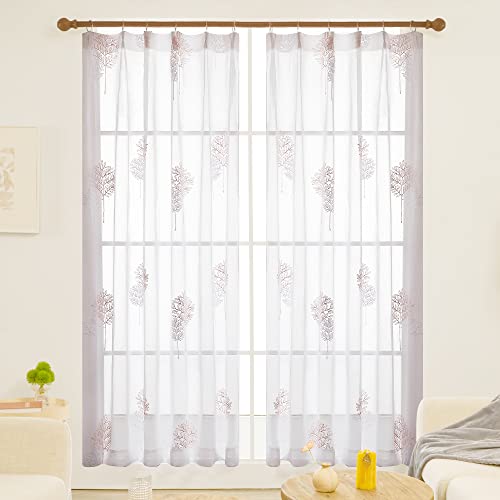 Deconovo レースカーテン UVカット 外から見えない 幅100x丈108cm 2枚組 ピンク 木柄 おしゃれ 断熱 保温 猛暑対策 透けない 柔い 北欧