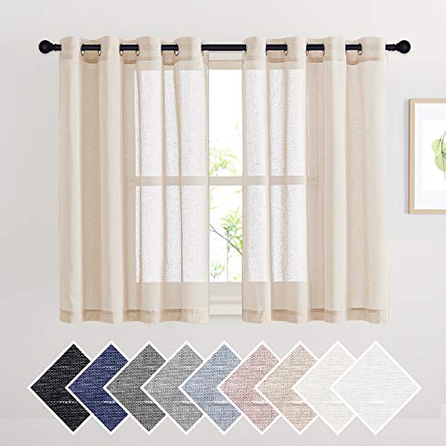 NICETOWN Short Linen Curtains Semi Sheer 45" L for Bedroom, Grommet Natural Open Weave Vertical Flax Small Window Panels Privacy with Light Filter for Kitchen/Cafe, 52" W, Beige, 1 Pair