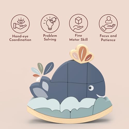 Image of Speedy Monkey Rocking Stacker - Whale Balance Game, 13 Wooden Pieces, Fun Skill Challenge for Family, Develops Hand-Eye Coordination, Fine Motor Skills, Non-Toxic Paint, for Kids 2-6 Years