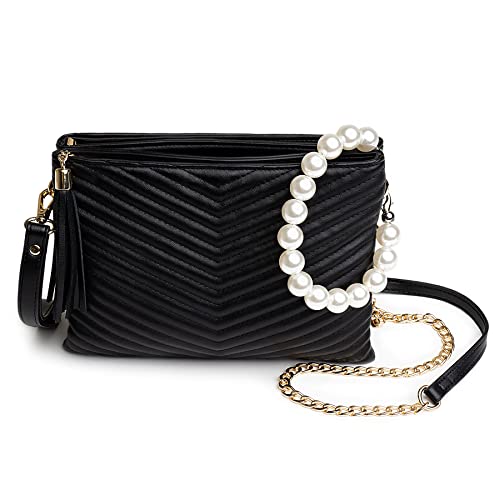 Before & Ever Black Wristlet Clutch Purses For Women - Large Evening Clutch Bag With White Pearls - Small Black Quilted Crossbody Wallet Purse Pouch - Gold Chain Chevron Wedding Cross Body Handbags #TOP4