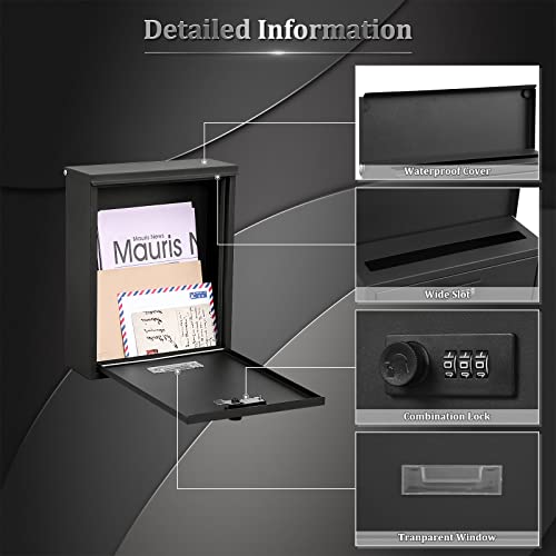 Dalmbox Locking Mailbox Wall Mount, Wall Mounted Mailbox With Combination Lock, Large Drop Box With Galvanized Steel Cover, Rust-Proof Metal Post Box, Black, 10.2” X 3.7” X 12.6” #TOP2