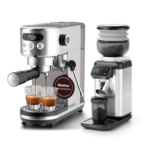 Neretva Machine a Cafe 20 Bar Compacte En Acier Inoxydable Cafetière Expresso & Professionnel Meules Coniques Moulin à Café Électrique avec 40 Réglages