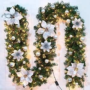Guirnalda Navidad, Corona navideña de 2,7 m, 200 Ramas, con Bayas Rojas y Agujas de Pino Blanco,Decoracion Navidad para Chimenea con escalones de jardín (Plata)