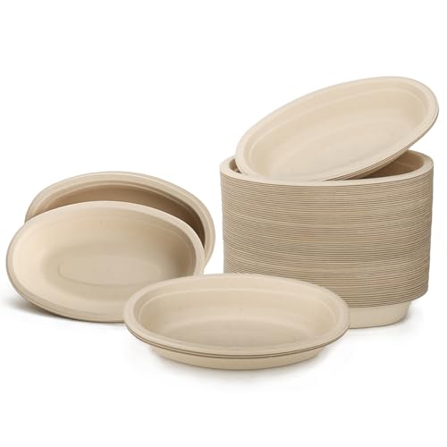 Aksipo 28 OZ 50 Count Paper Bowls Oval Paper Bowls Soup Bowl Meal Prep Containers Microwave Safe Compostable Large Disposable Bowls for Nacho Burrito Salad Baked Potato Chips and Cheese