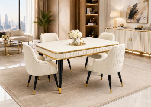 Image of WOODEN SPACE 4 Seater Wooden Dining Table Set | Urban Marble Top Dining Table with Chairs for Dining Room & Kitchen (Modern Zyro Beige) (54 x 36 x 30 inch)