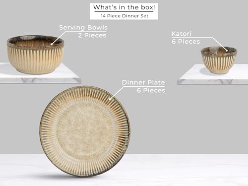 Image of Bodhi House Premium 14-Piece Stoneware Dinner Set Serving for 6 - Handcrafted Ceramic Plates, Bowls & Serving Bowls | Microwave & Dishwasher Safe | Elegant Modern Tableware Crockery Rustic Sand Beige