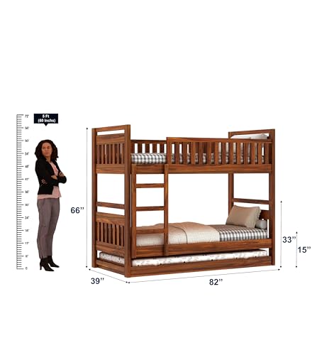 Image of Ganpati Arts Solid Sheesham Wood Swift Bunk Bed With Trundle Wooden Bunk Bed With Ladder For Bedroom Living Room Home (Natural Finish), Double
