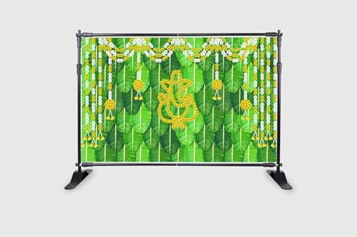 Image of Banana Leaf with Garland Marigold Flower's Ganesh Ji Design Backdrop Cloth for Pooja Decoration Traditional Background Curtain Cloth for Festival Size 5Feet Height and 8Feet Width (5 * 8)
