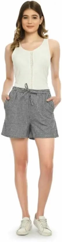 Women's Check Drawstring Shorts, Black and White, Casual Cotton-picture-32