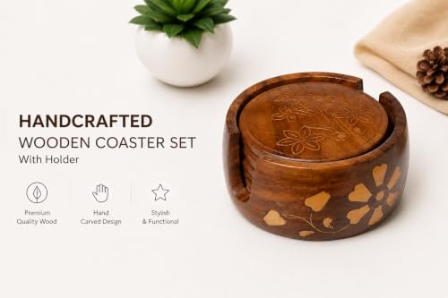 Image of Premium Wooden Coasters for Drinks Set of 6 - Solid Wood Coasters with Holder | Round Table Coasters for Coffee Table, Bar, Kitchen & Office | Perfect Housewarming & Gift