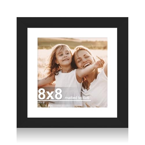 Hongkee 8x8 Picture Frame with Glass Display Pictures 6x6 with Mat or 8 x 8 without Mat - Wall and Tabletop 8 by 8 Photo Wooden Frames (Black 1 Pack)